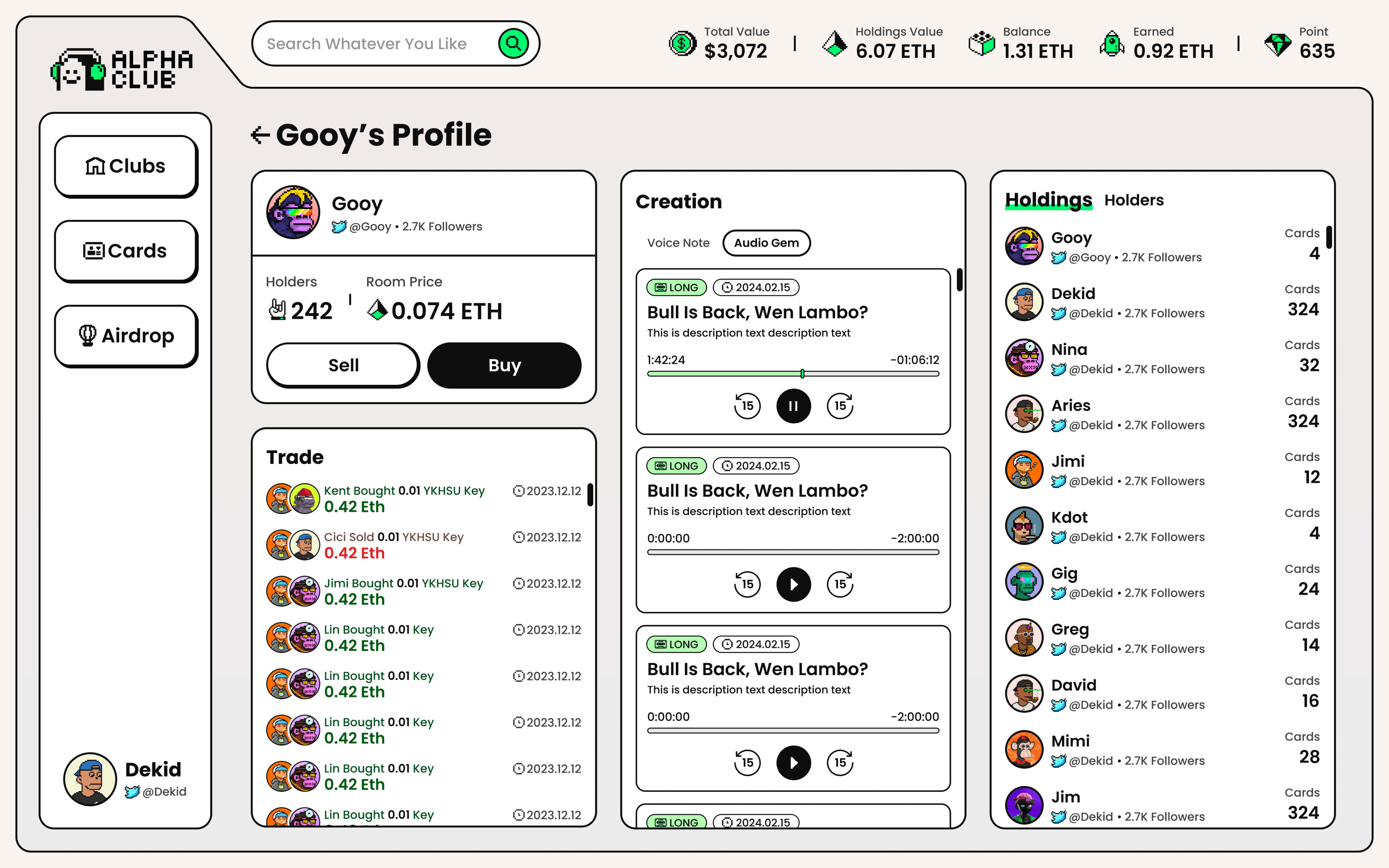 Club Profile — transaction history