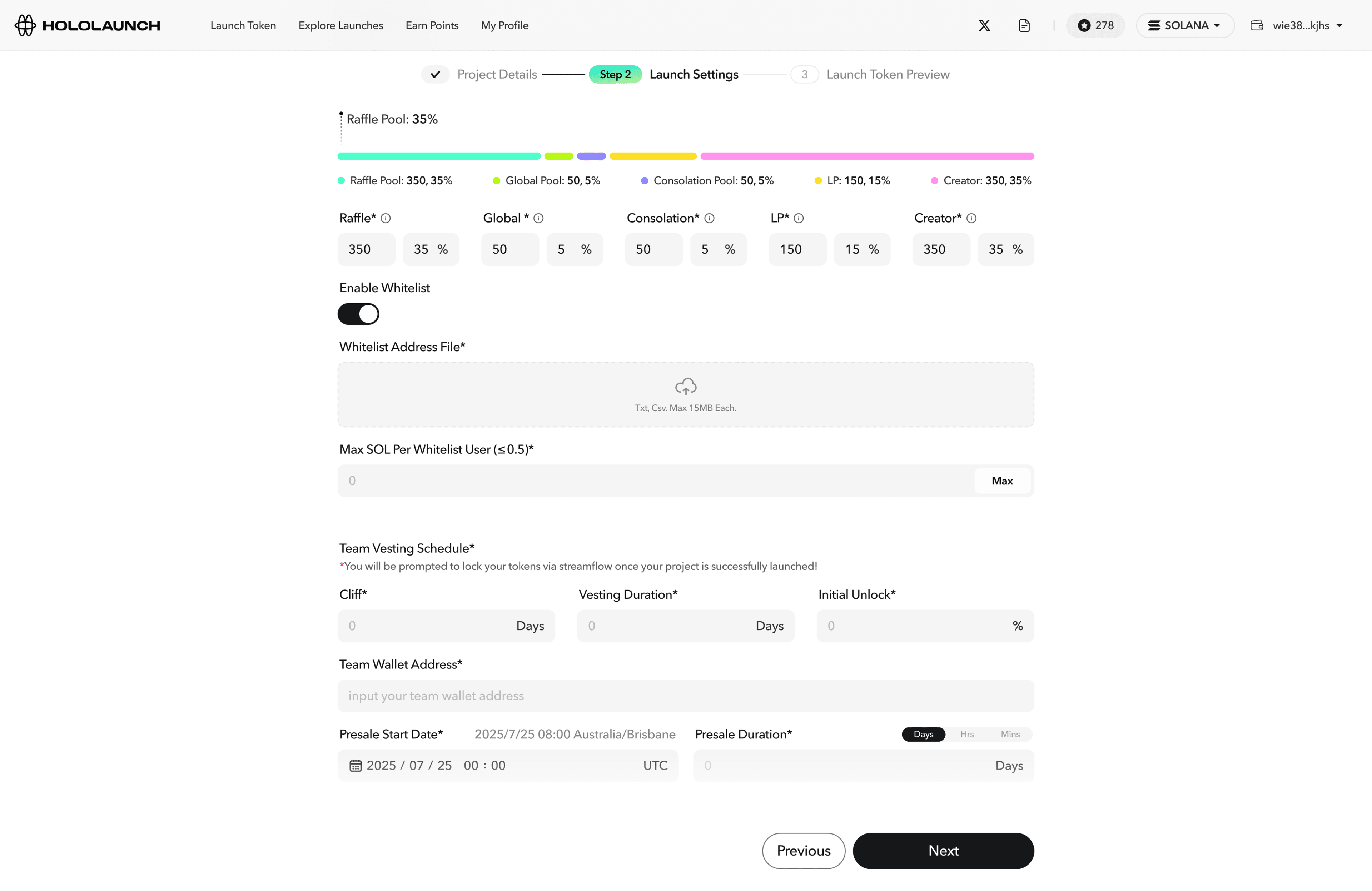 Project launch — step 2, launch settings and allocation