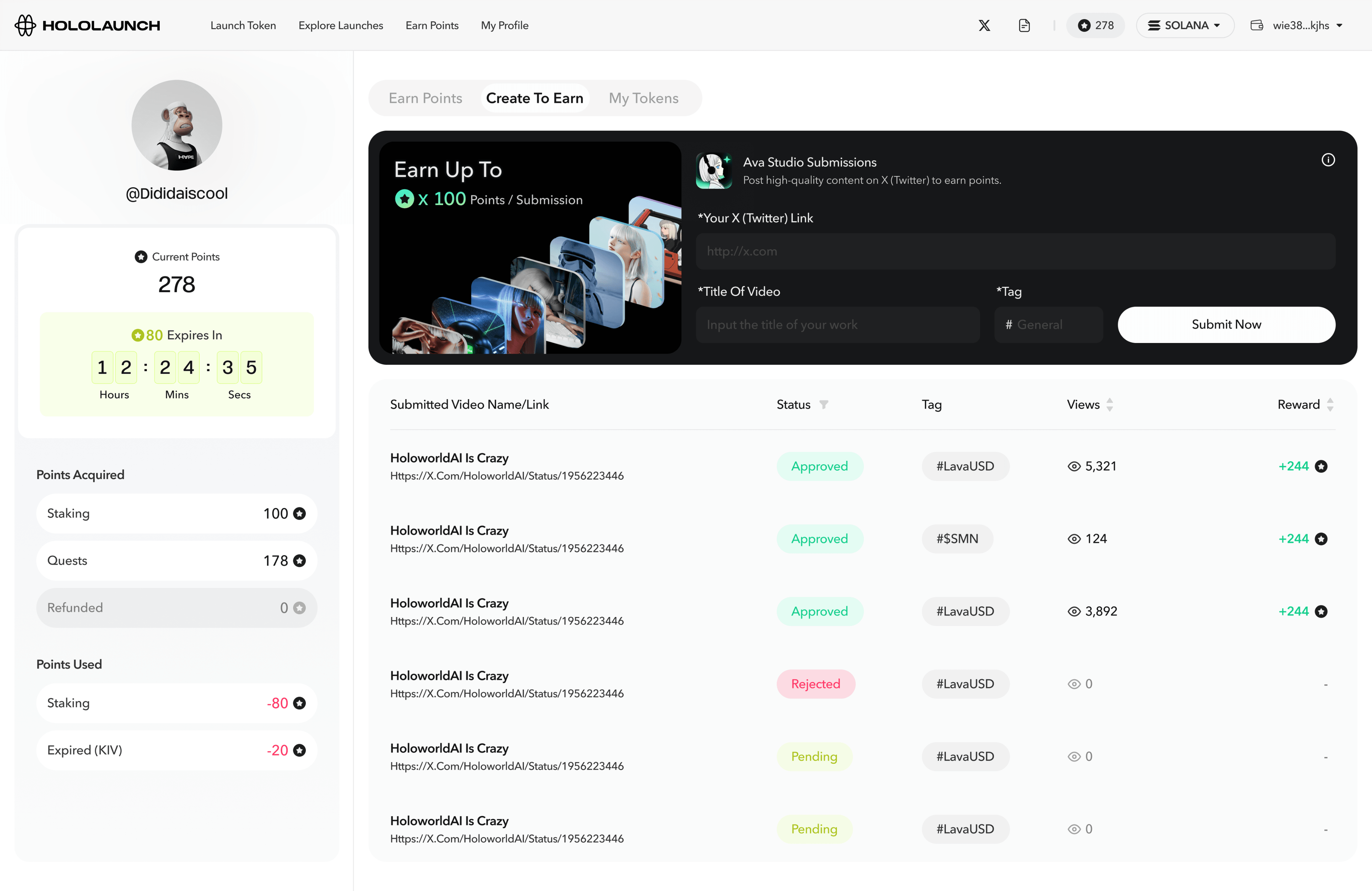 User dashboard — Create To Earn