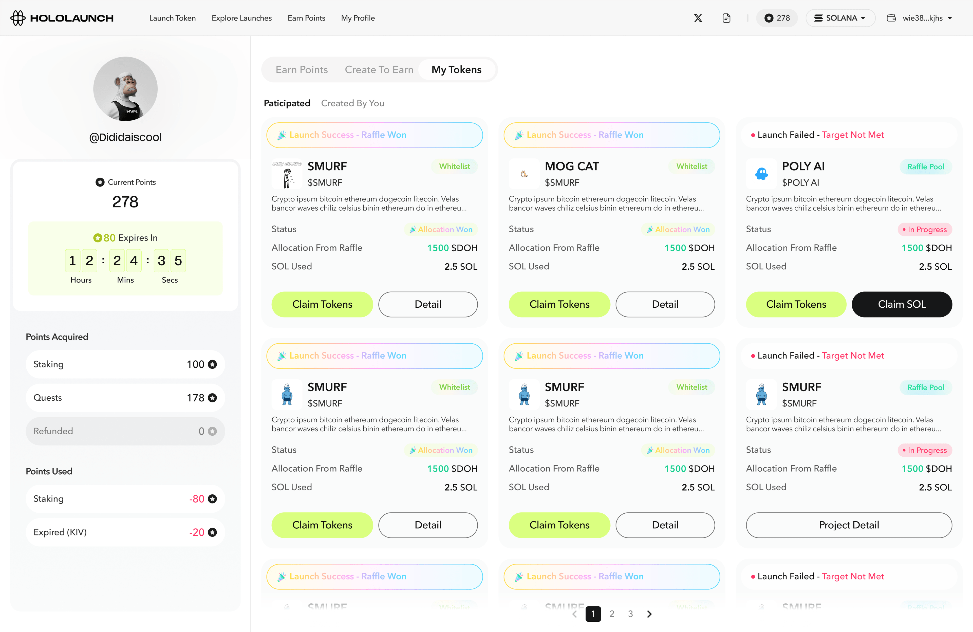 User dashboard — My Tokens