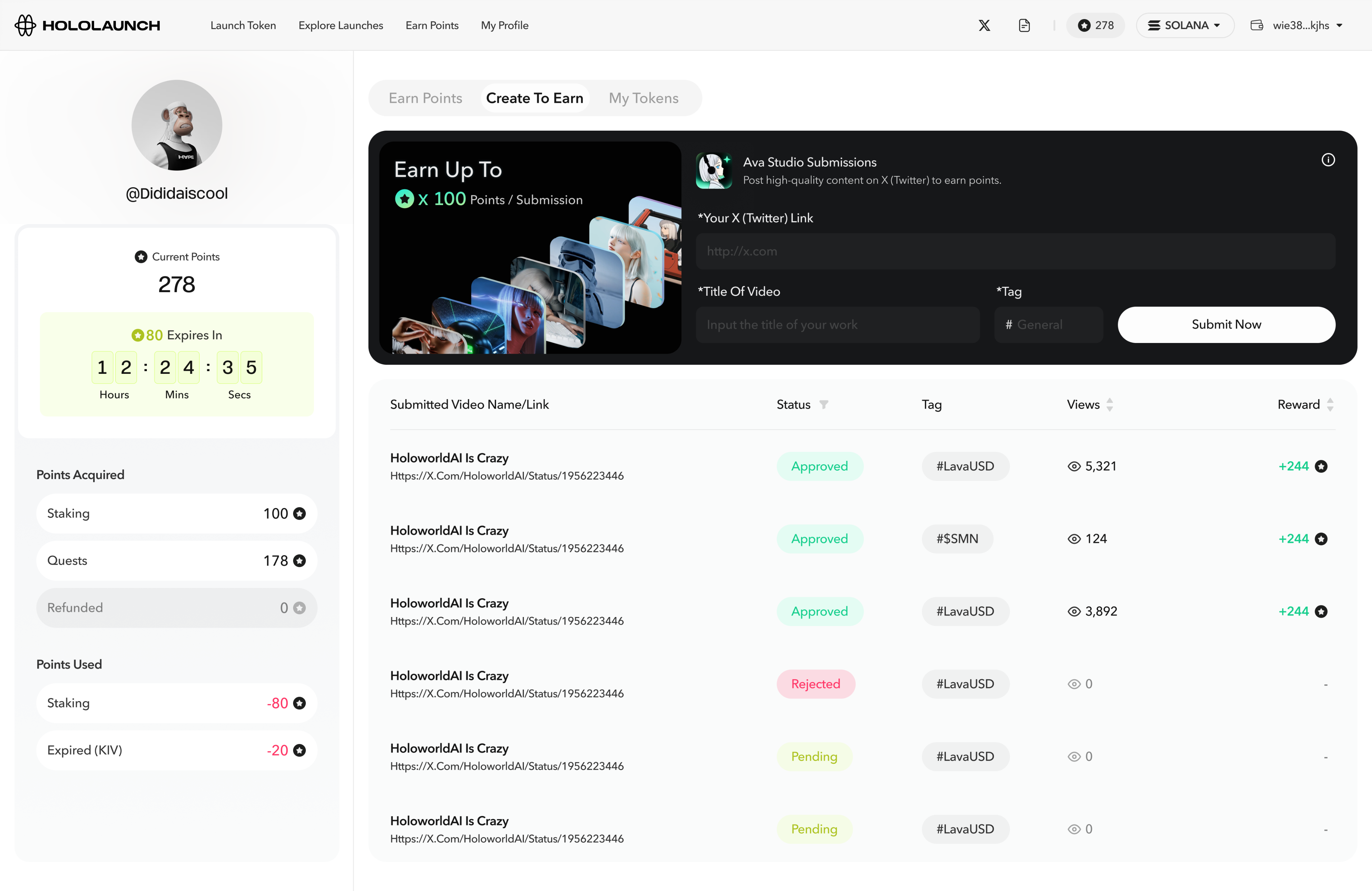 User dashboard — Create To Earn