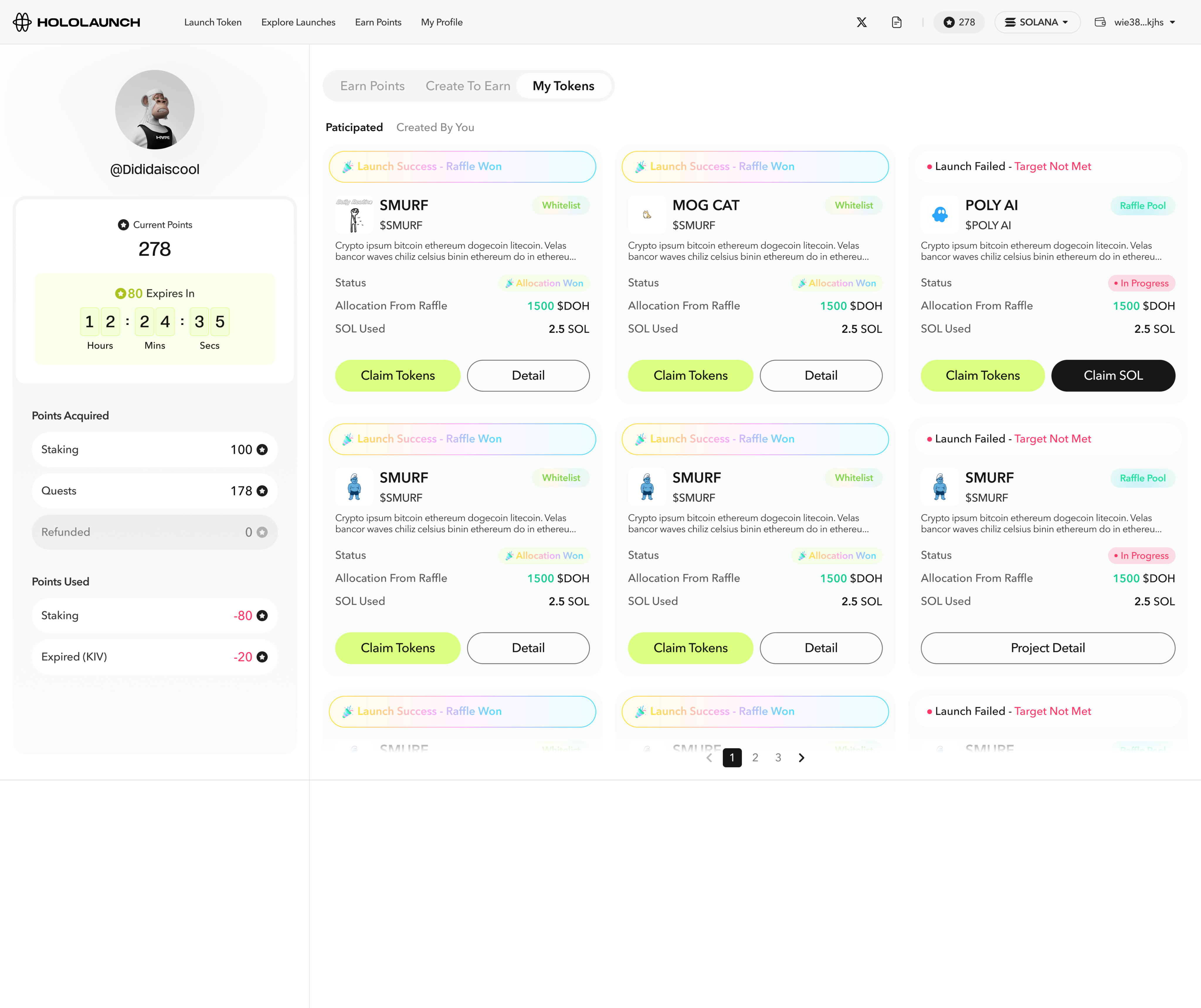 User dashboard — My Tokens